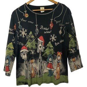Jess & Jane Womens L Bow Wow Christmas Top Black Artsy Dogs Holiday 3/4 Sleeve